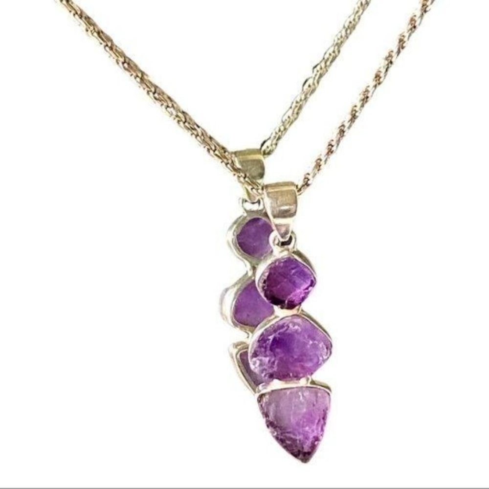 STERLING SILVER RAW AMETHYST Custom Necklace and pendant on 18” rope chain EUC